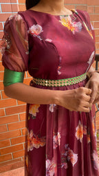 Wine floral Organza Pleated dress with duppata and Belt - Threads