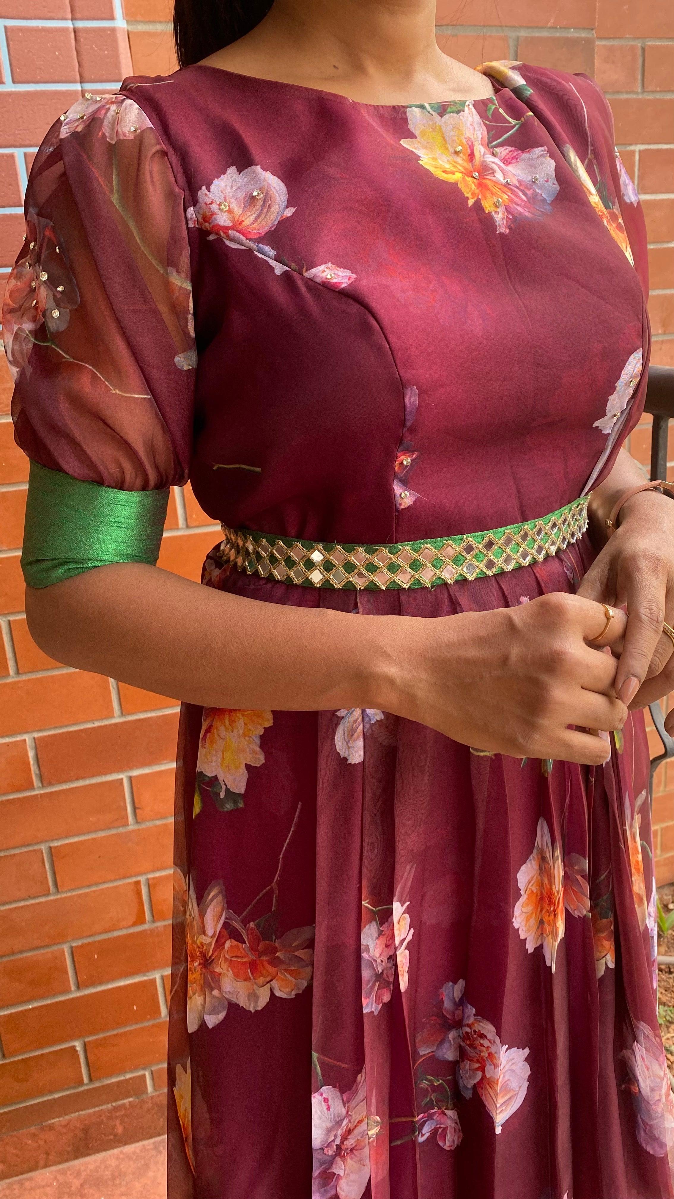 Wine floral Organza Pleated dress with duppata and Belt - Threads