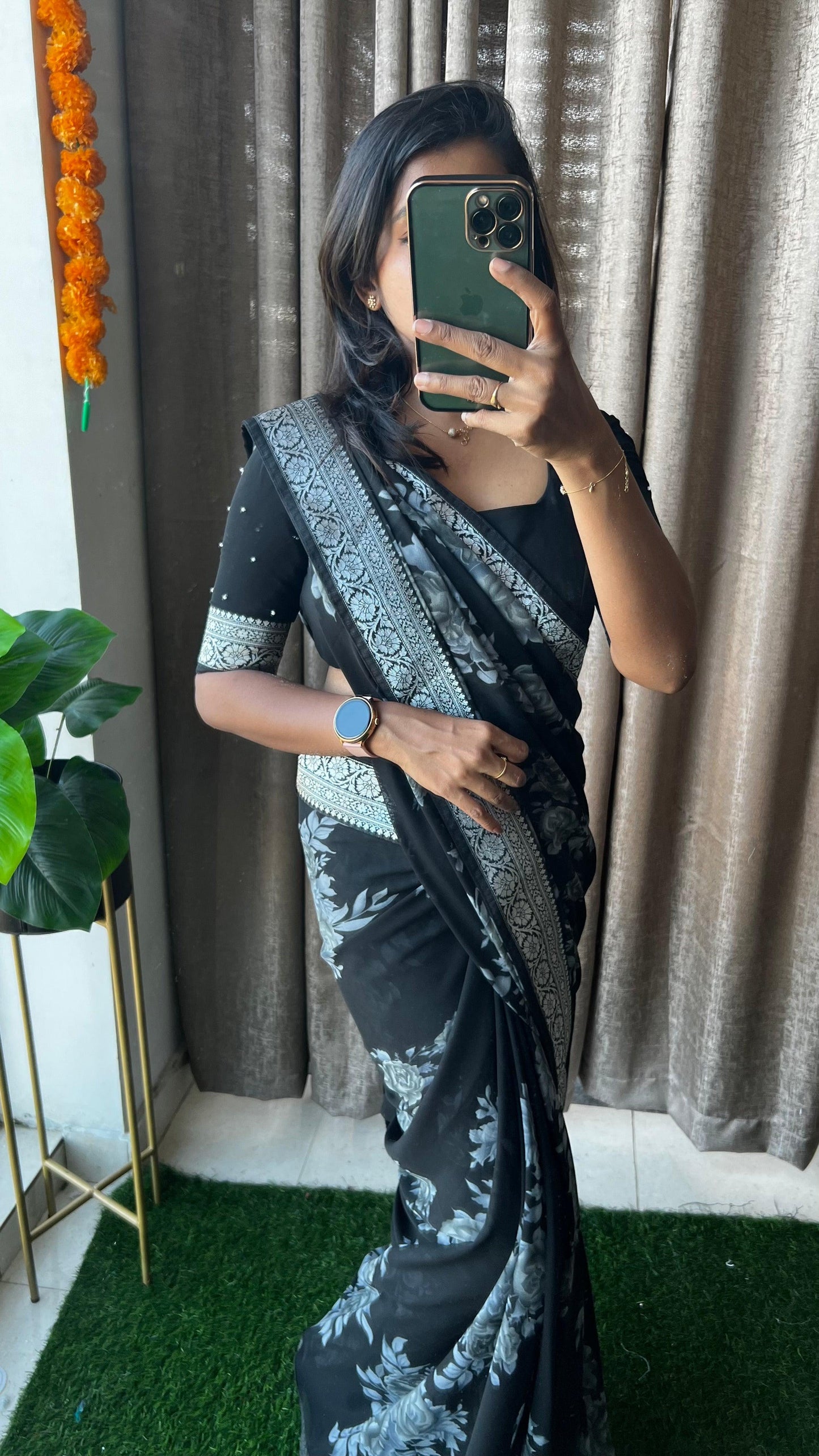 Black georgette saree with Banarasi borders - Threads