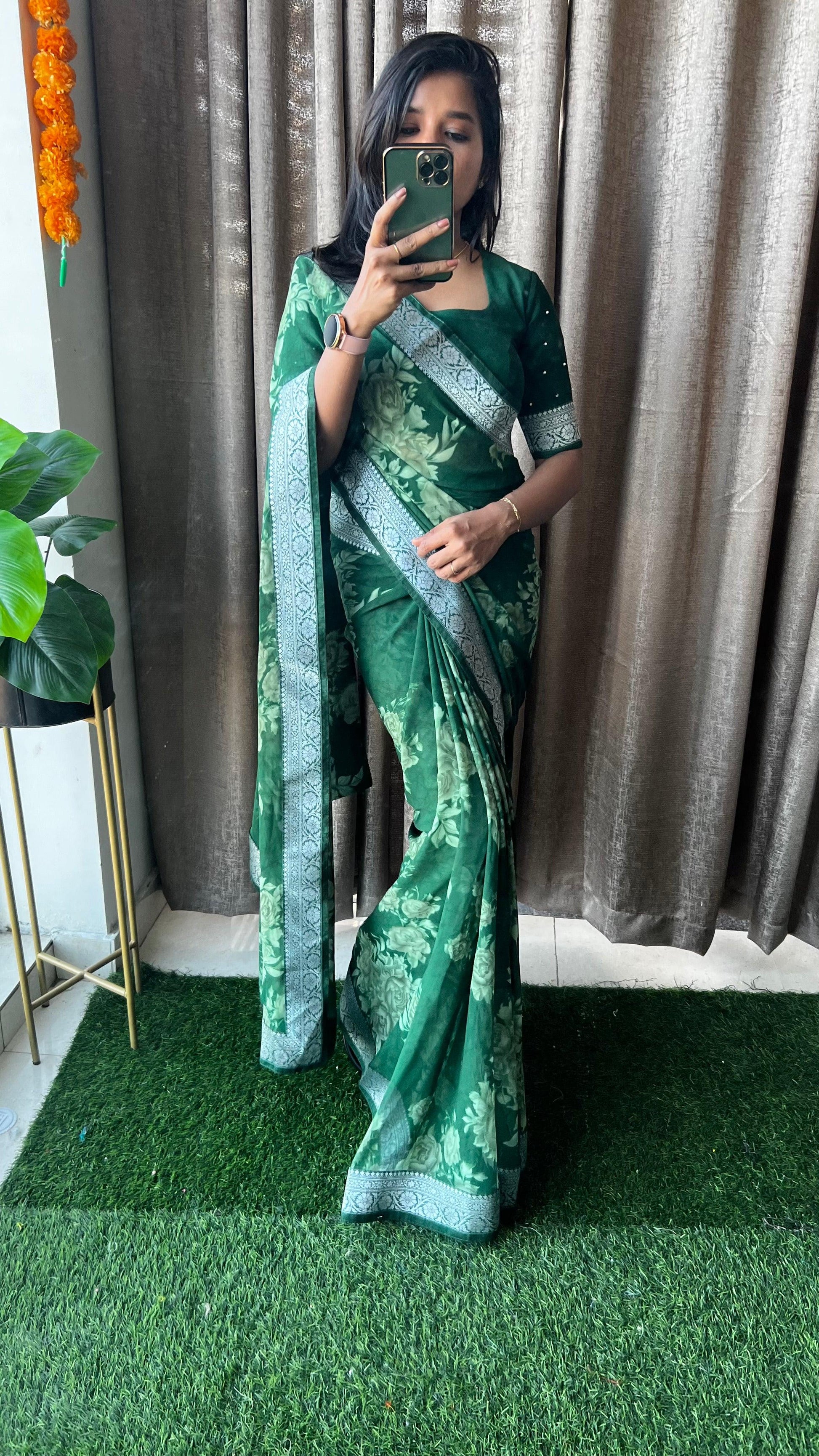 Green georgette saree with Banarasi borders - Threads