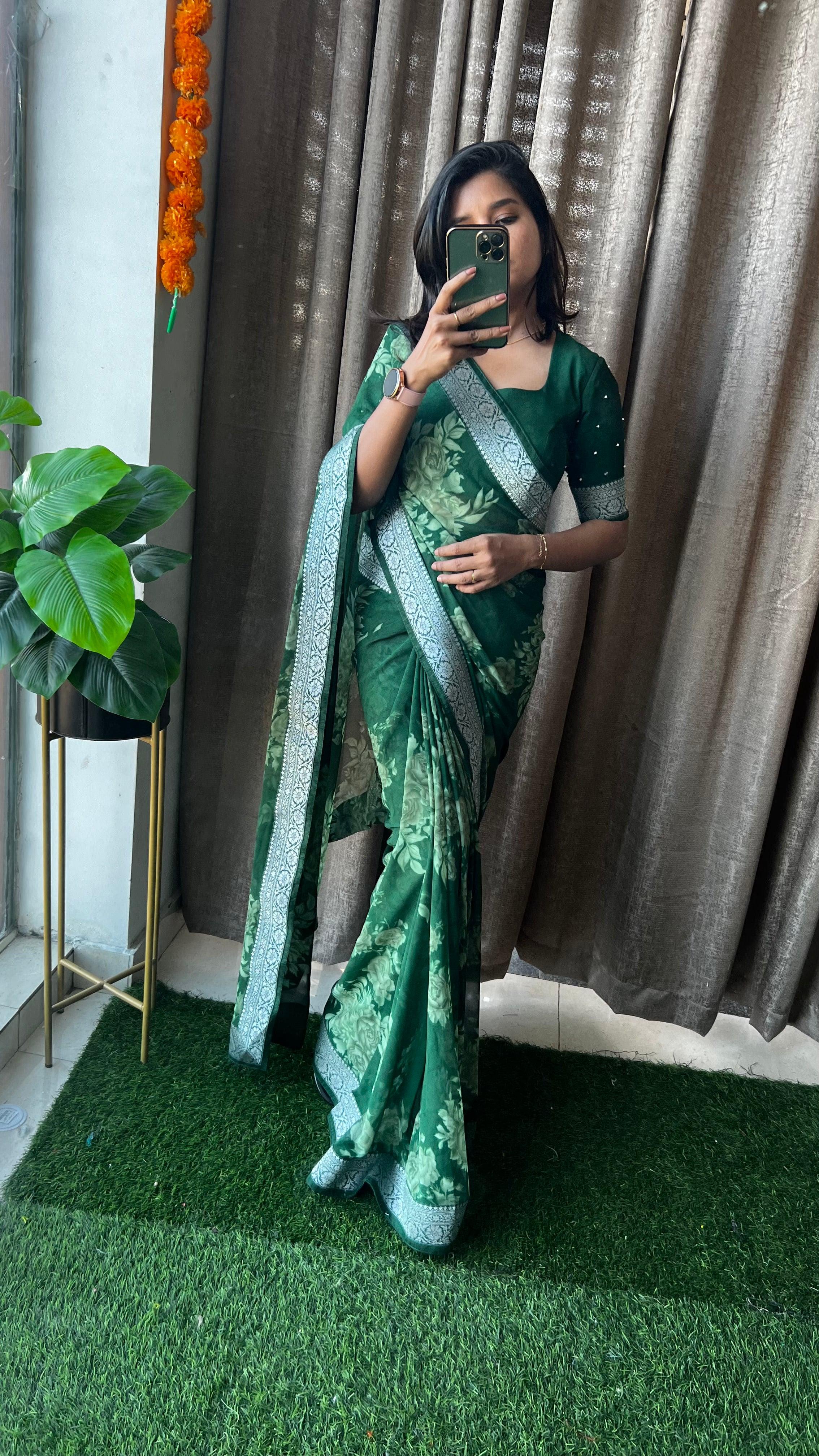 ZILIKAA Handloom Sarees : Buy Bottle Green Banarasi Khaddi Weaved Georgette  Saree with Unstitched Blouse Online|Nykaa Fashion