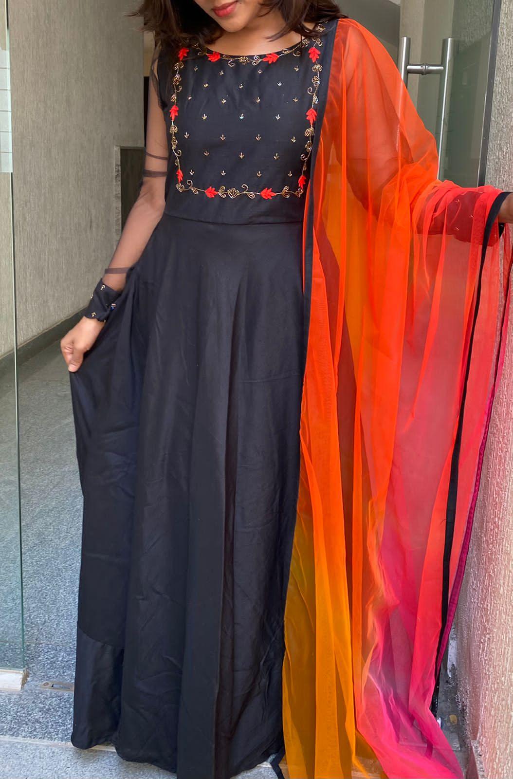 Black rose silk salwar suit of hand worked top and a red Duppata - Threads