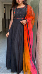 Black rose silk salwar suit of hand worked top and a red Duppata - Threads