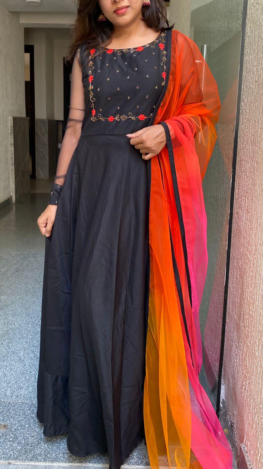 Black rose silk salwar suit of hand worked top and a red Duppata - Threads