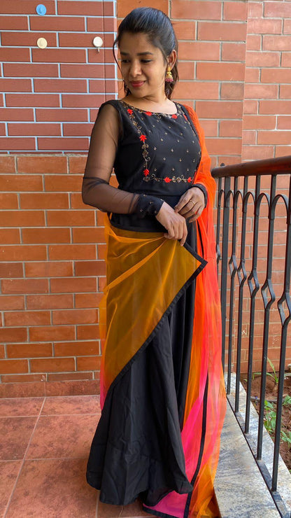 Black rose silk salwar suit of hand worked top and a red Duppata - Threads