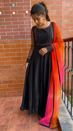 Black rose silk salwar suit of hand worked top and a red Duppata - Threads
