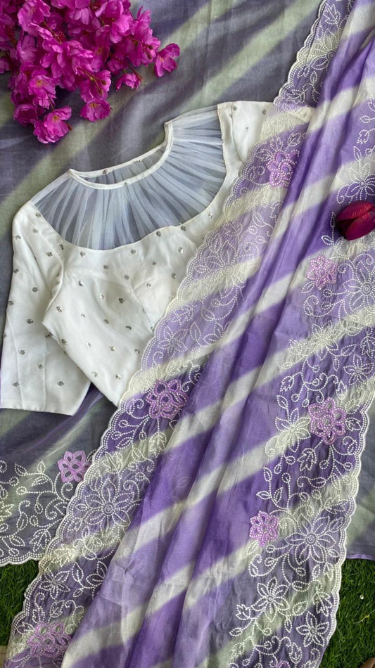 Lavender organza embroidery saree with hand worked Blouse - Threads