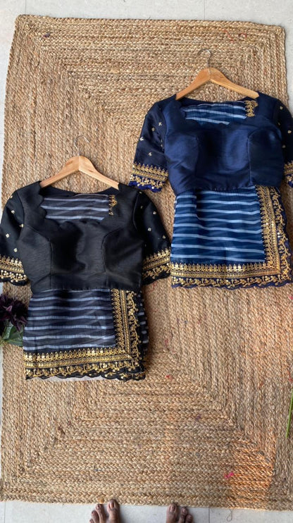 Black organza embroidery border saree. - Threads