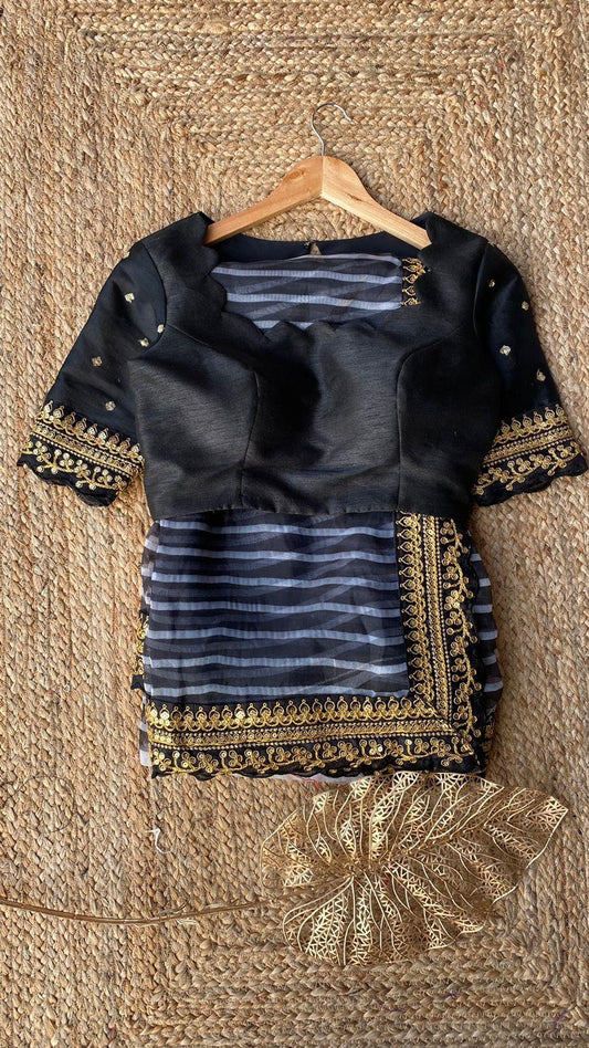 Black organza embroidery border saree. - Threads