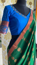 Green and blue silk saree with hand worked blouse - Threads