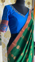 Green and blue silk saree with hand worked blouse - Threads