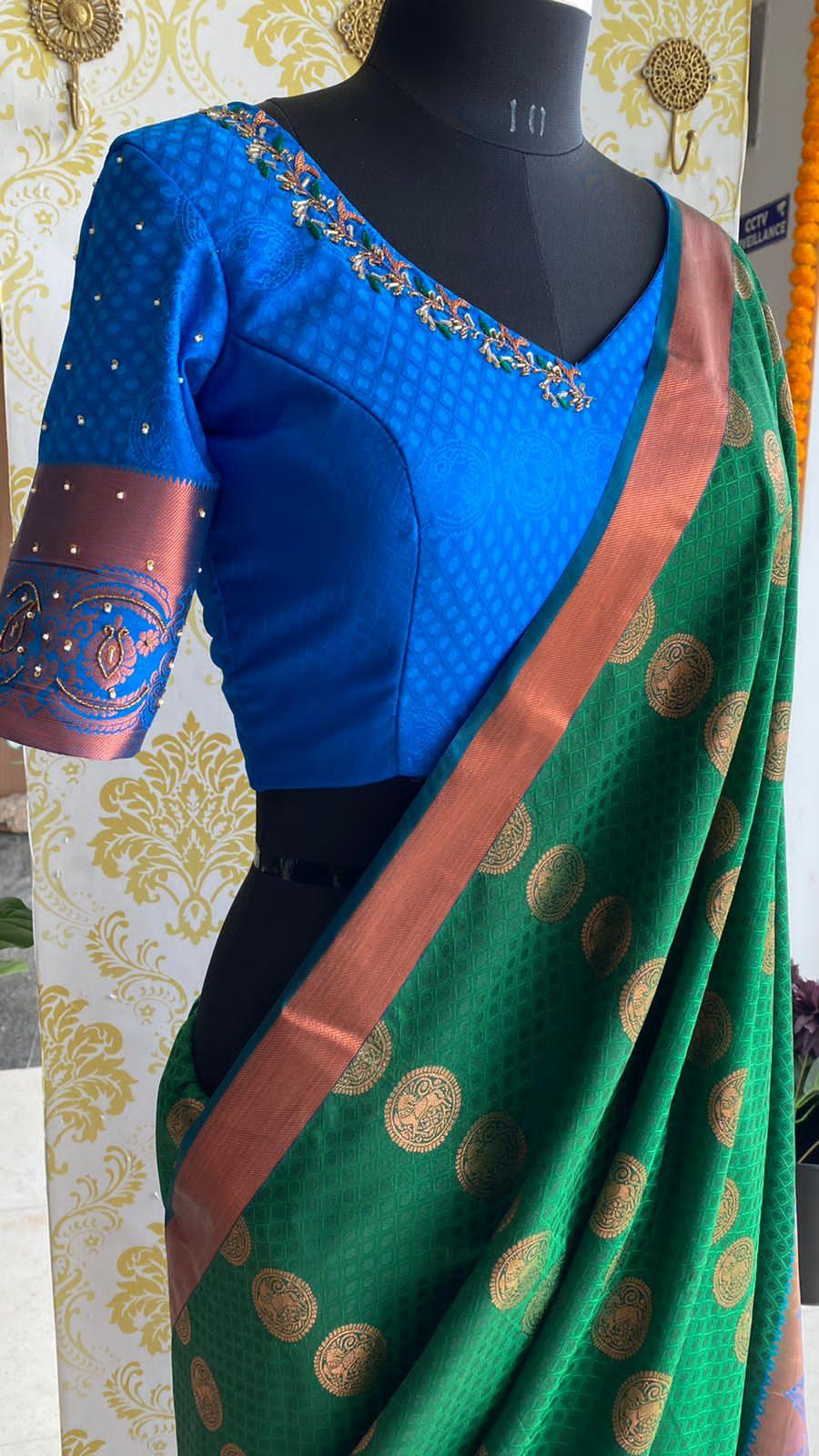 Green and blue silk saree with hand worked blouse - Threads