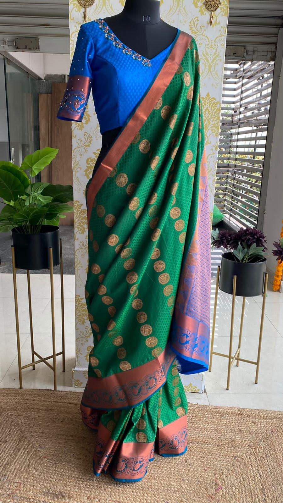 Green and blue silk saree with hand worked blouse - Threads