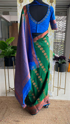 Green and blue silk saree with hand worked blouse - Threads