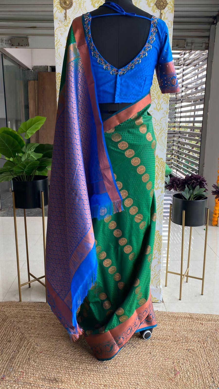 Green and blue silk saree with hand worked blouse - Threads