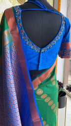 Green and blue silk saree with hand worked blouse - Threads