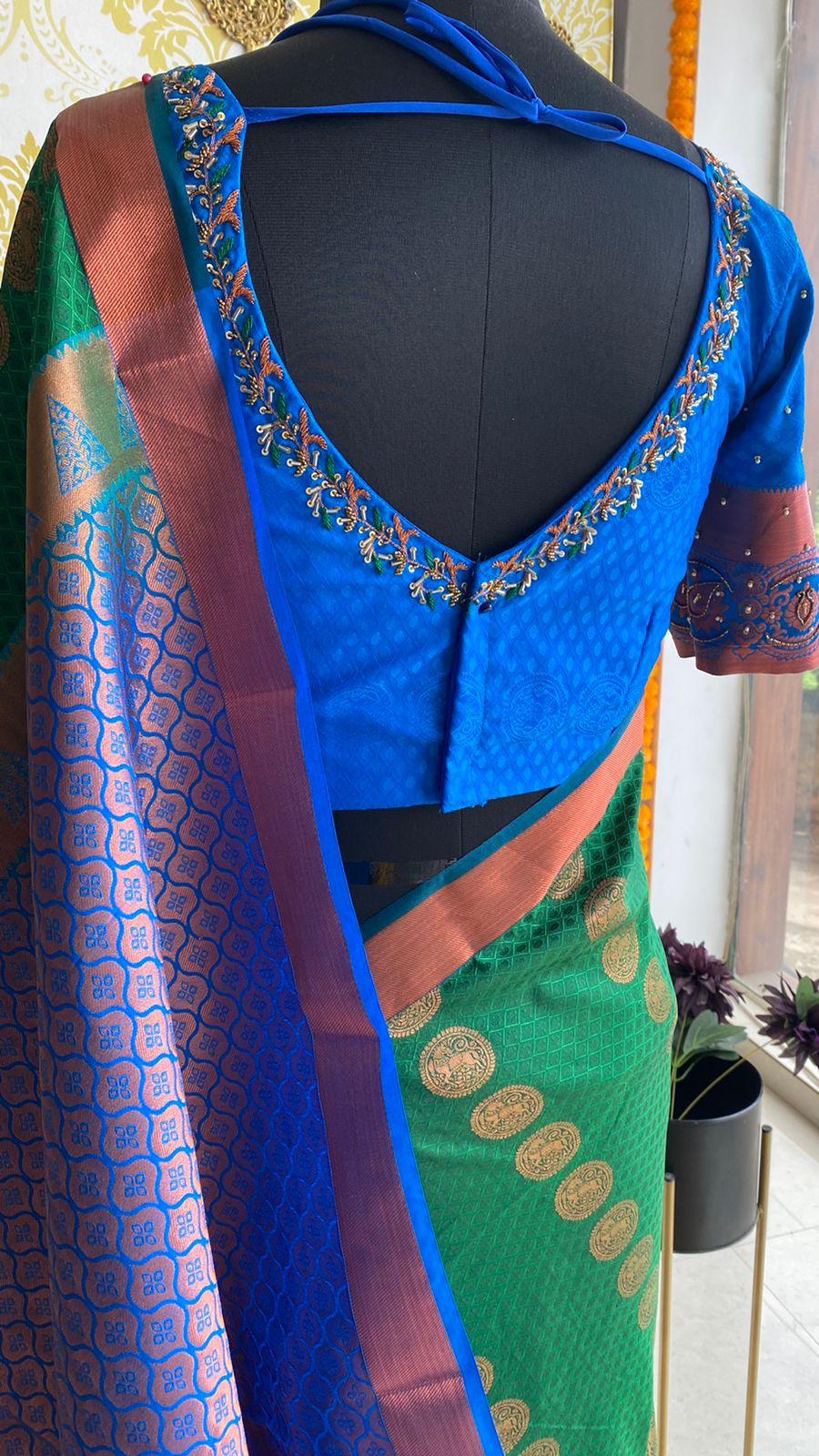 Green and blue silk saree with hand worked blouse - Threads