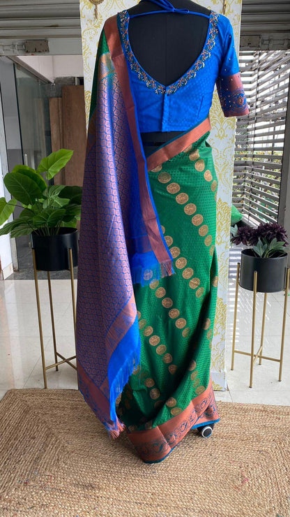 Green and blue silk saree with hand worked blouse - Threads