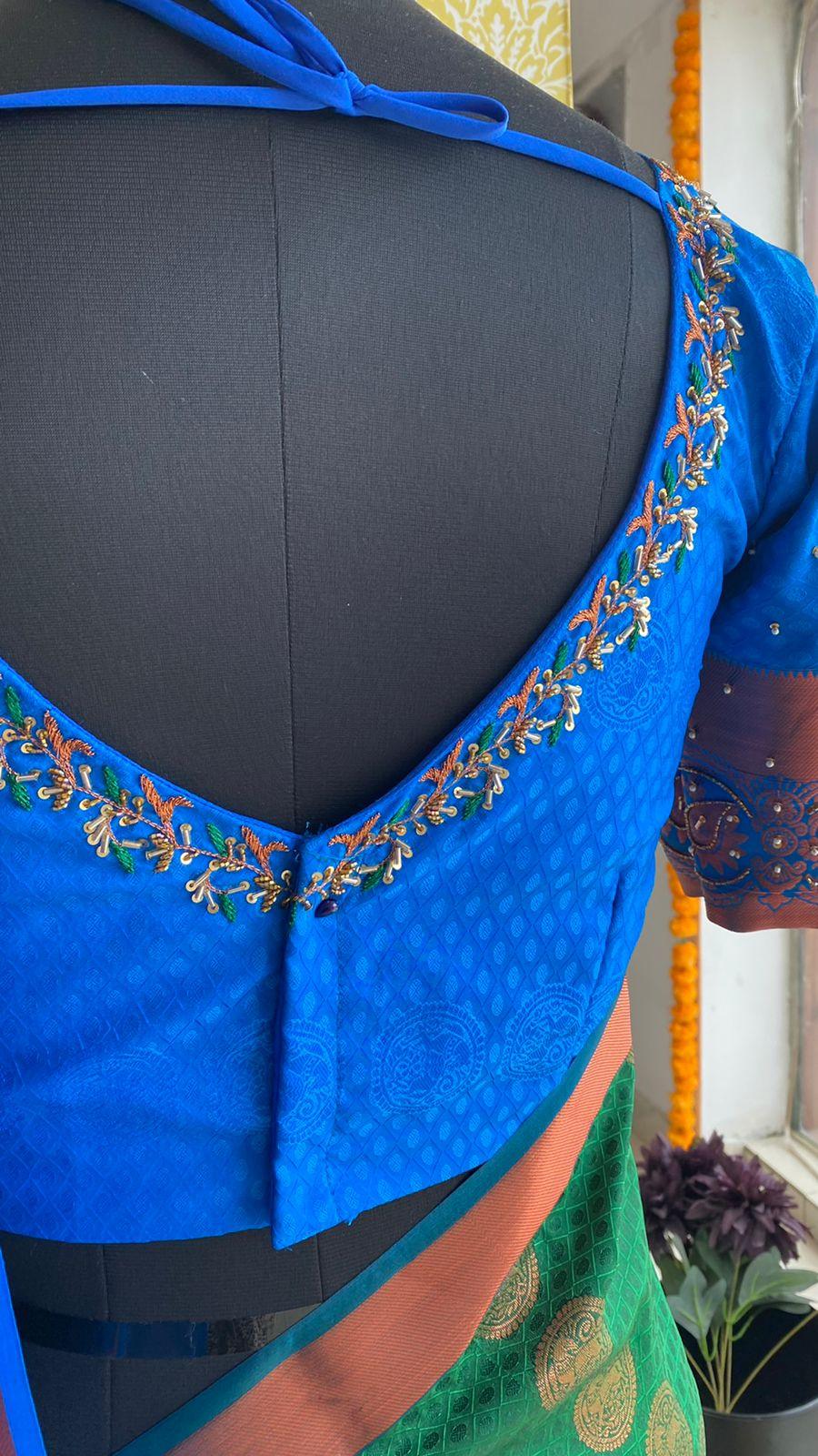 Green and blue silk saree with hand worked blouse - Threads