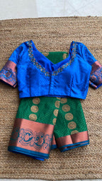 Green and blue silk saree with hand worked blouse - Threads
