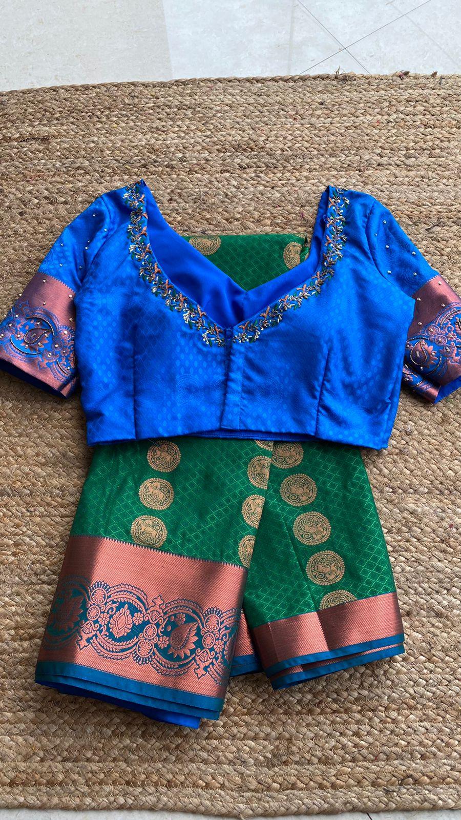 Green and blue silk saree with hand worked blouse - Threads
