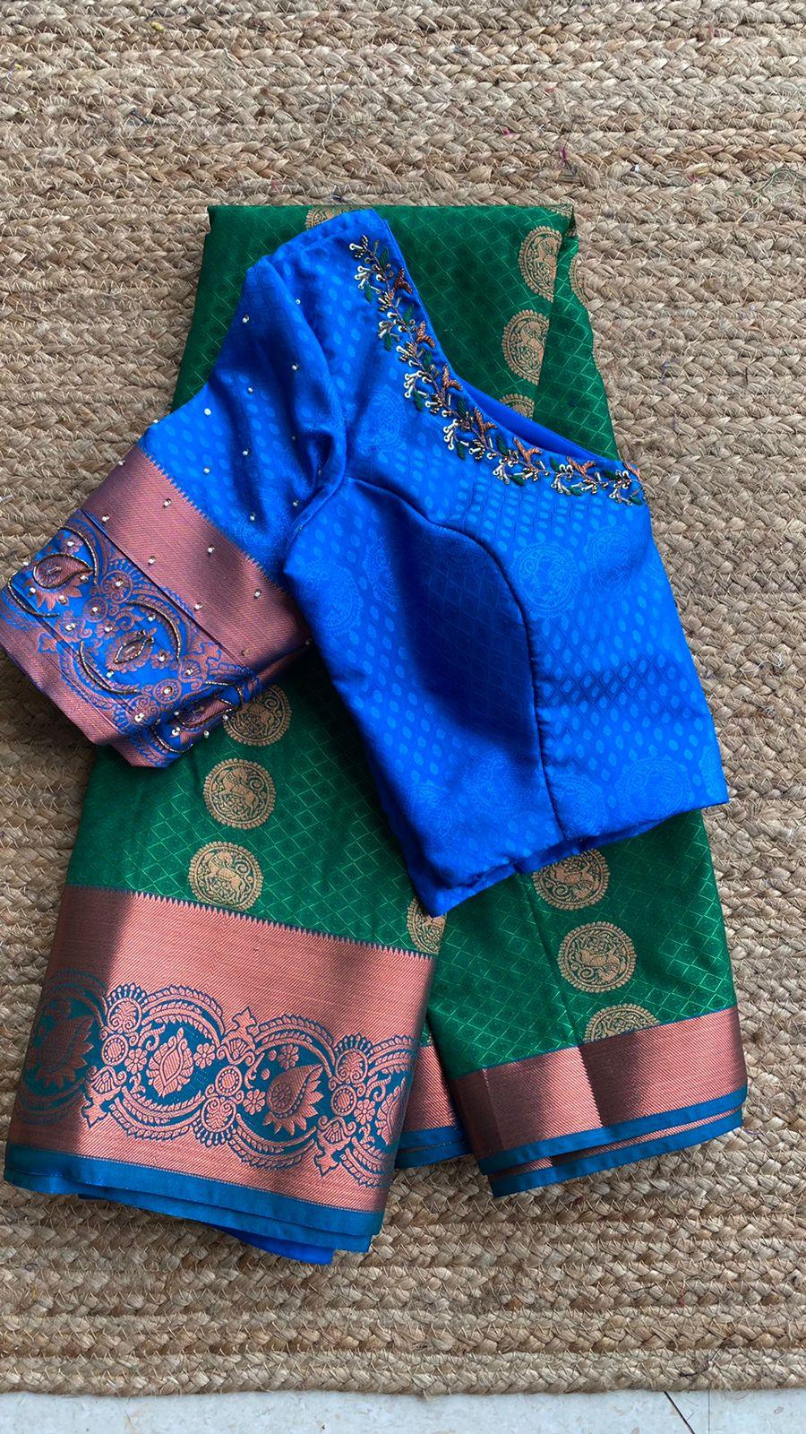 Green and blue silk saree with hand worked blouse - Threads