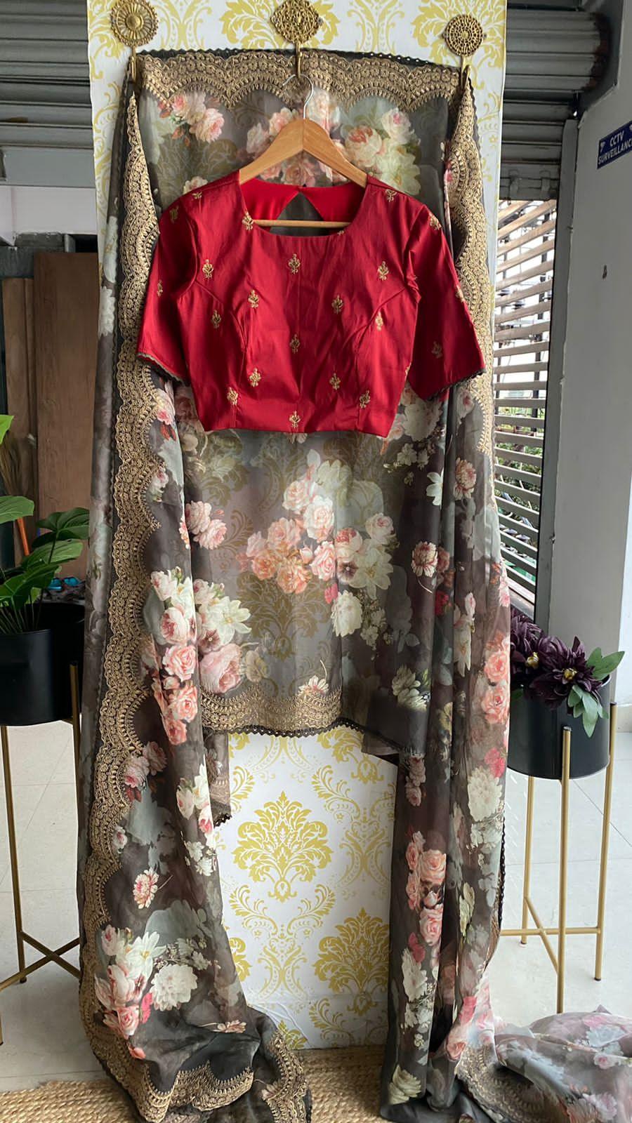 Grey organza saree with hand worked blouse - Threads
