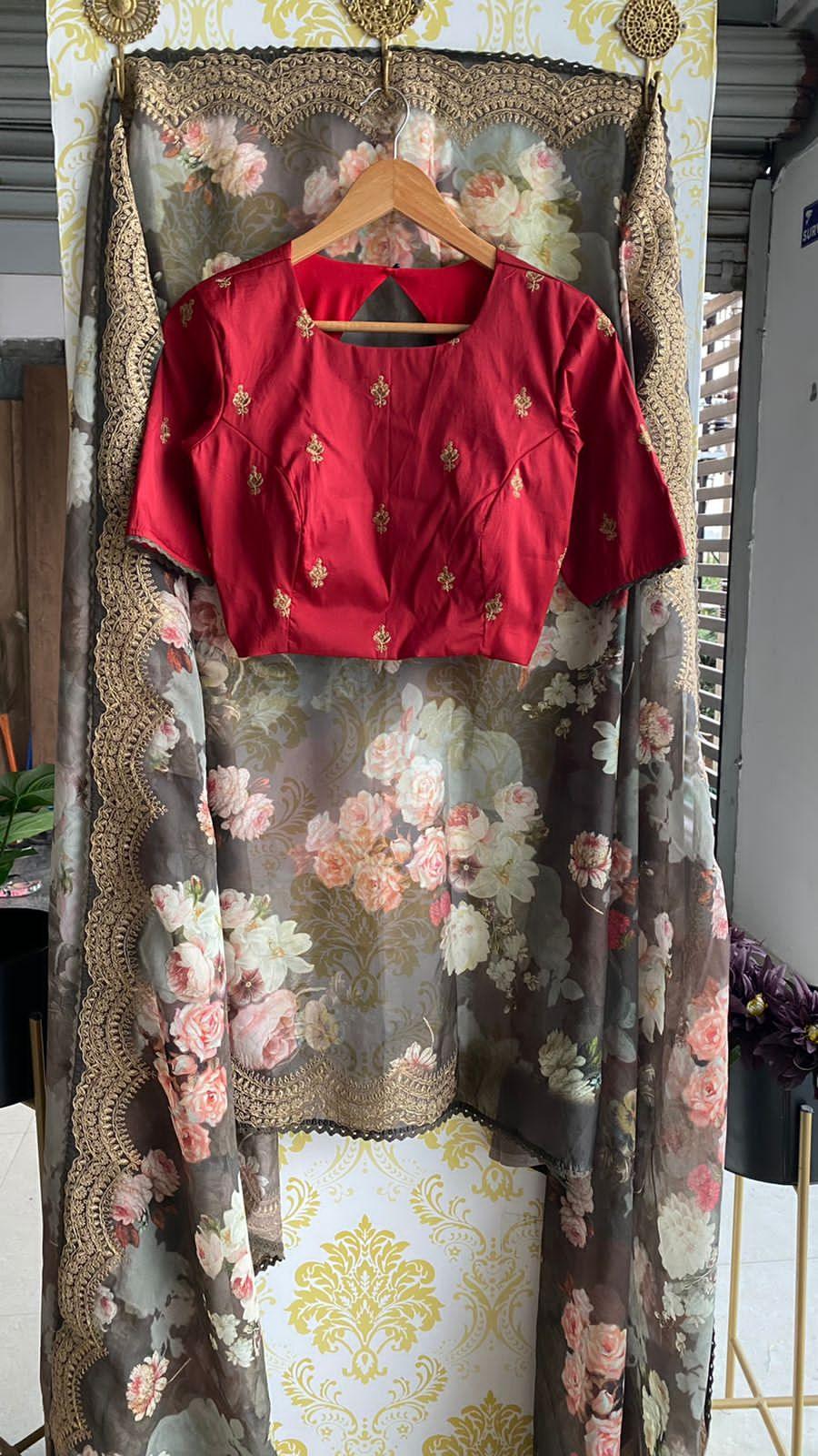 Grey organza saree with hand worked blouse - Threads