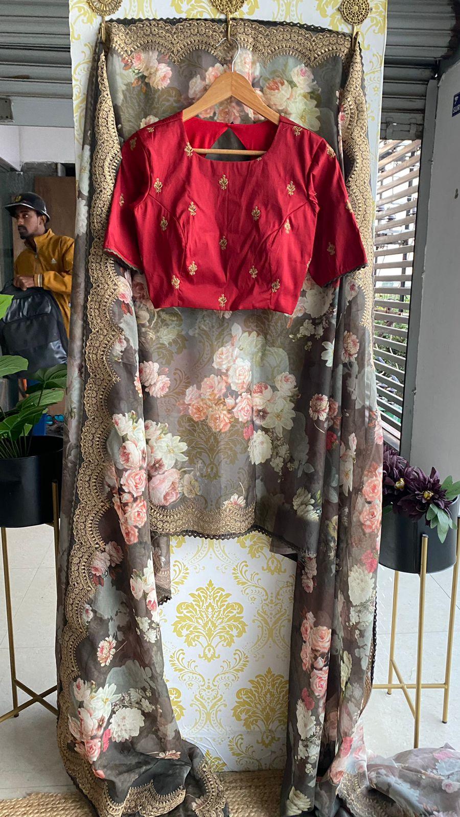Grey organza saree with hand worked blouse - Threads