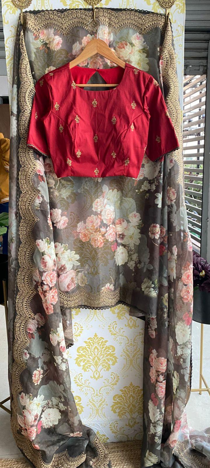 Grey organza saree with hand worked blouse - Threads