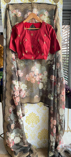 Grey organza saree with hand worked blouse - Threads