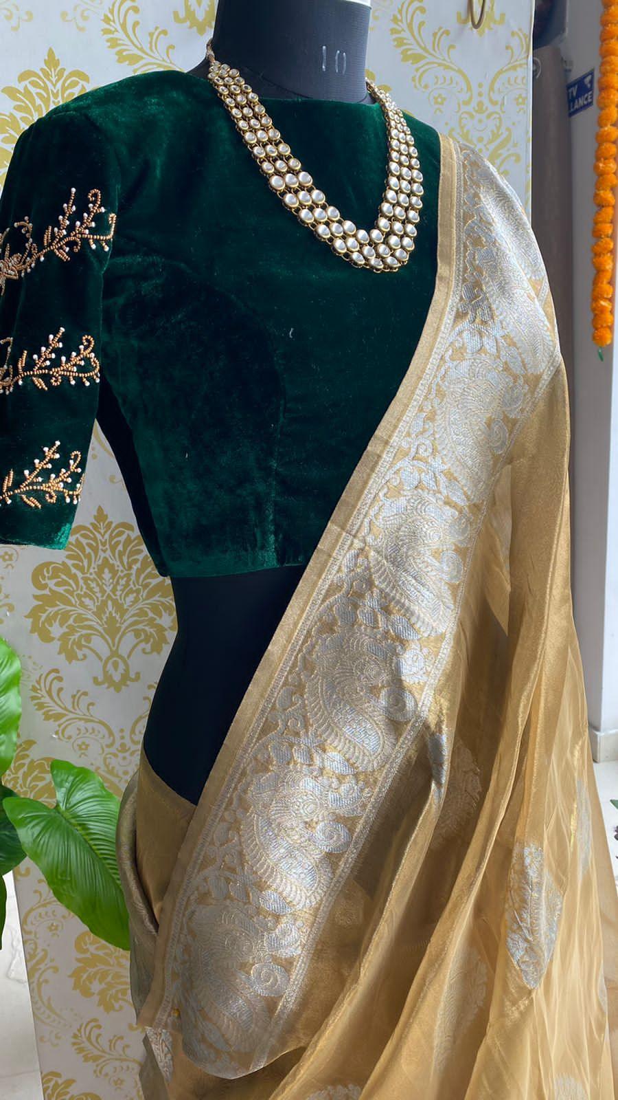 Green micro velvet hand worked blouse - Threads