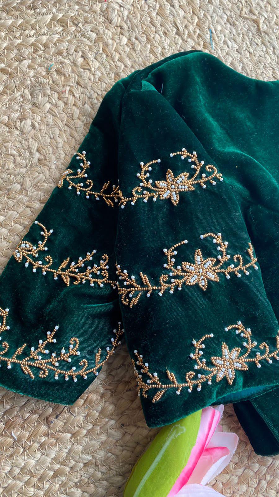 Green micro velvet hand worked blouse - Threads