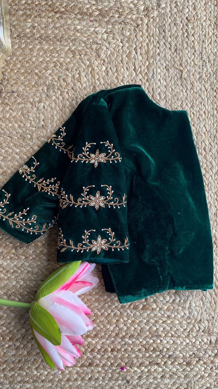 Green micro velvet hand worked blouse - Threads