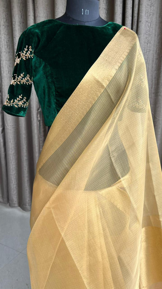 Golden kota silk saree with hand worked blouse - Threads
