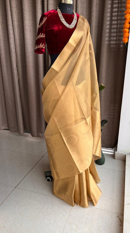 Golden kota silk saree with wine velvet hand worked blouse - Threads