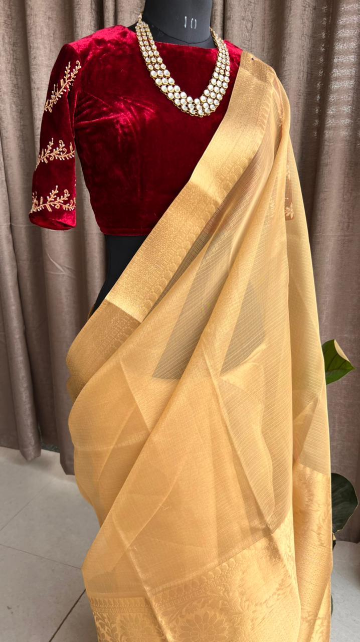 Golden kota silk saree with wine velvet hand worked blouse - Threads