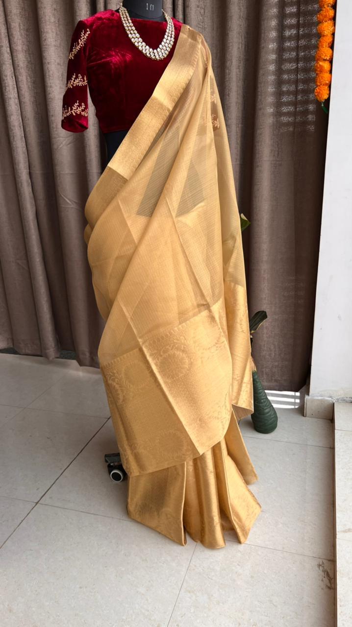 Golden kota silk saree with wine velvet hand worked blouse - Threads