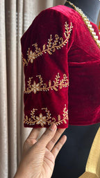 Golden kota silk saree with wine velvet hand worked blouse - Threads