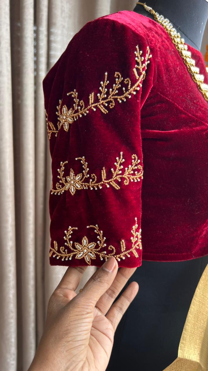 Golden kota silk saree with wine velvet hand worked blouse - Threads