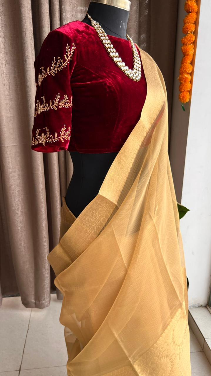 Golden kota silk saree with wine velvet hand worked blouse - Threads