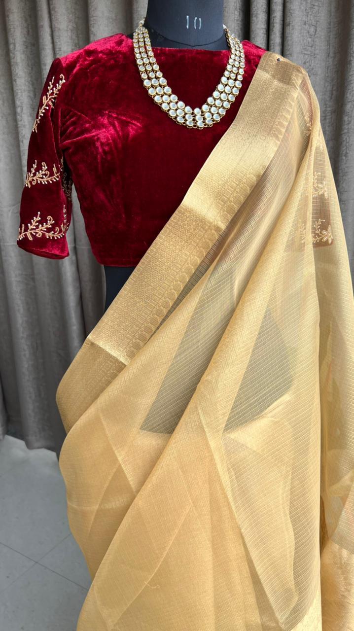 Golden kota silk saree with wine velvet hand worked blouse - Threads