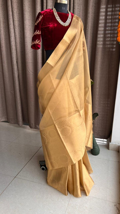 Golden kota silk saree with wine velvet hand worked blouse - Threads