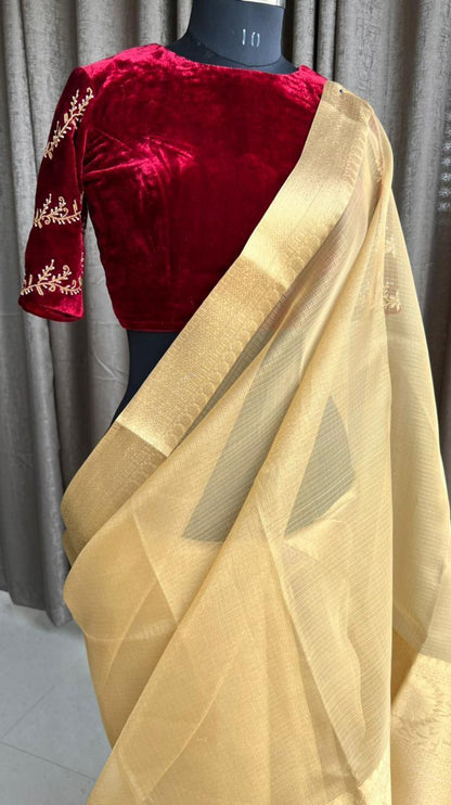 Golden kota silk saree with wine velvet hand worked blouse - Threads