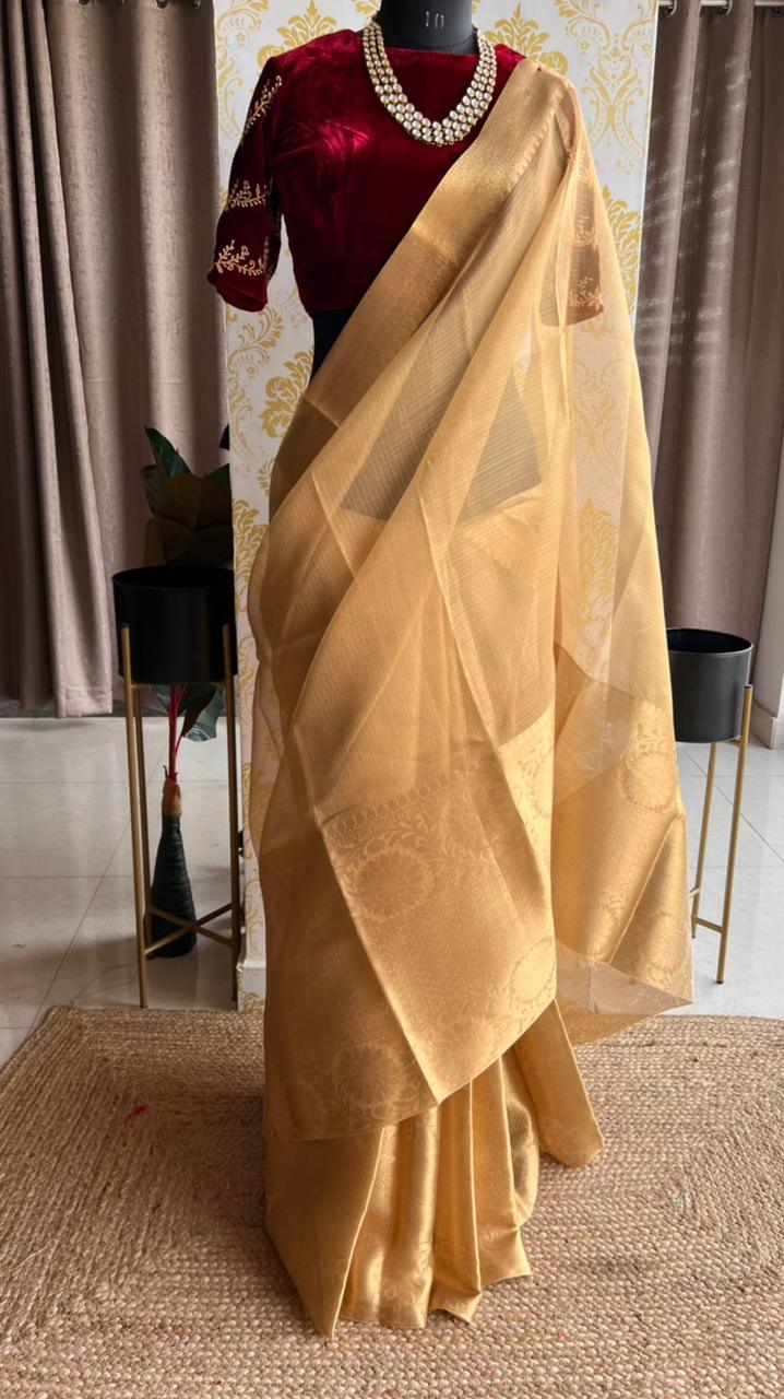 Golden kota silk saree with wine velvet hand worked blouse - Threads