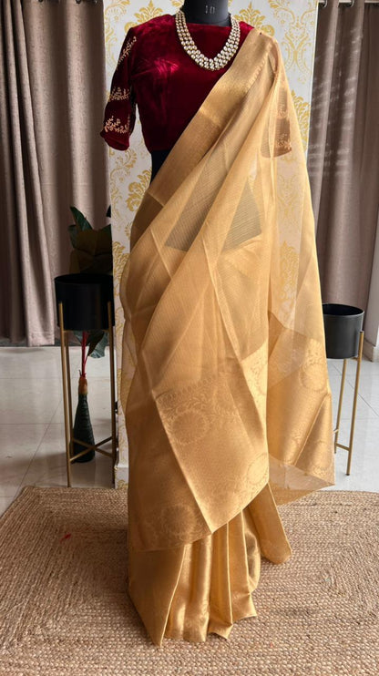 Golden kota silk saree with wine velvet hand worked blouse - Threads
