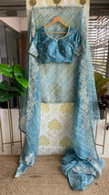 Lehariya Blue organza saree with blue hand worked blouse - Threads