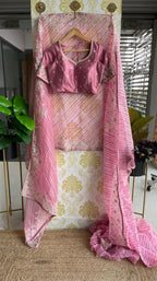 Lehariya pink organza saree with blue hand worked blouse - Threads