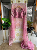 Lehariya pink organza saree with blue hand worked blouse - Threads