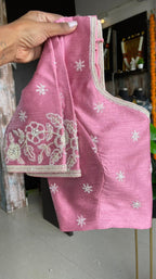 Lehariya pink organza saree with blue hand worked blouse - Threads